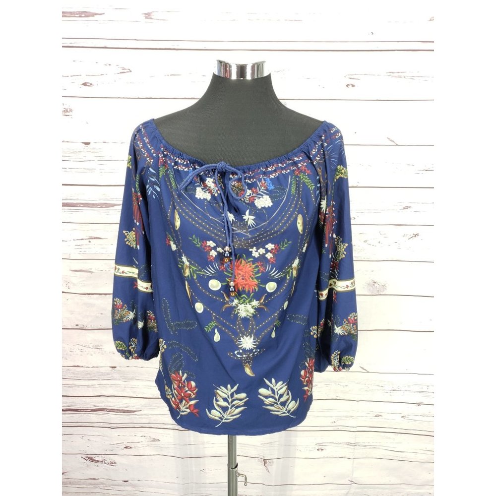 Sheilay Blue Print floral off shoulder‎ long sleeves boho blue Medium Blouse